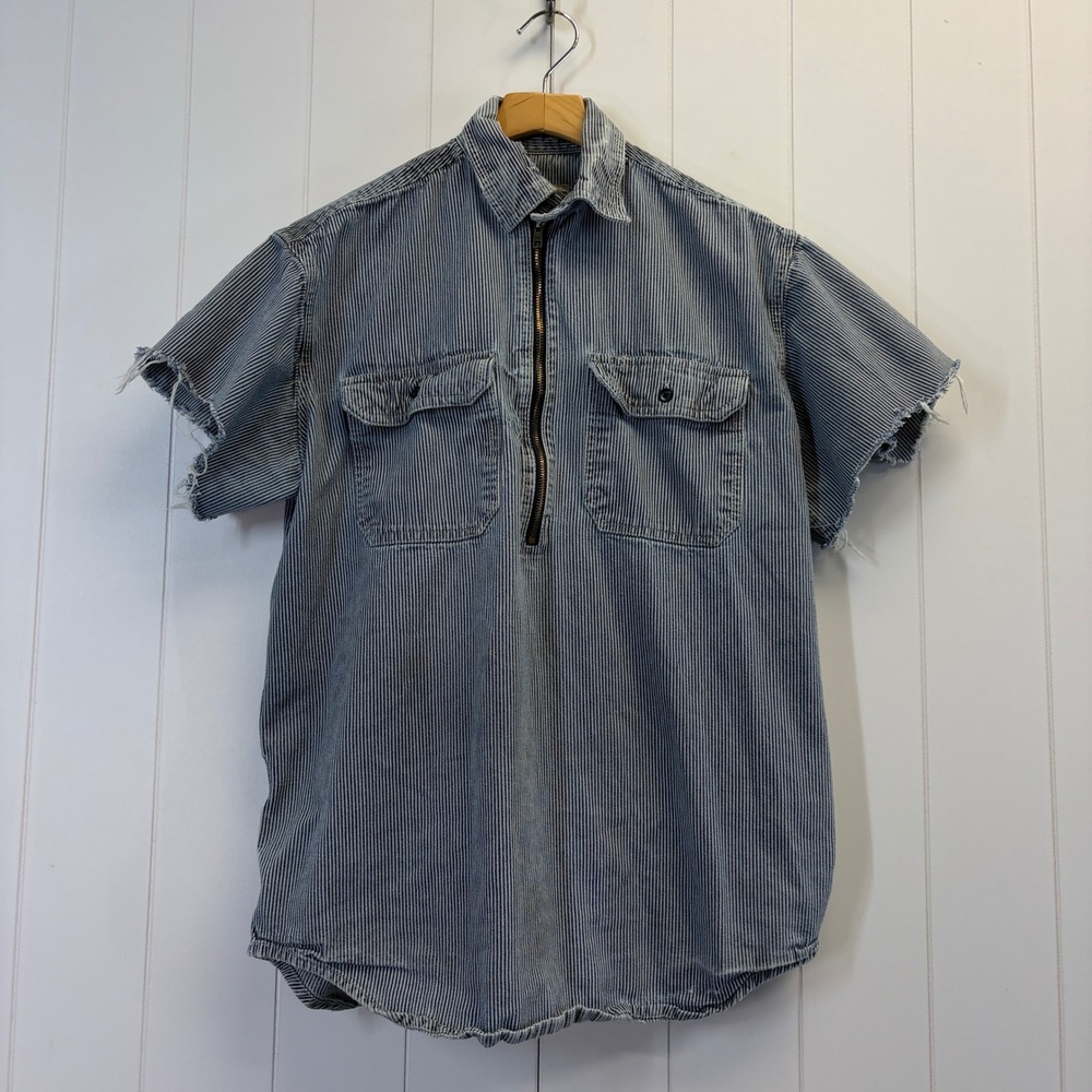 Vintage Key Hickory Stripe Grunge 1/4 Zip Shirt Men Size MR Distressed Workwear